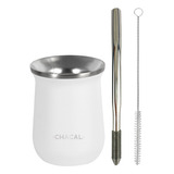 Kit Terere Bomba E Copo Cuia Chacal Inox Chimarrão Branco