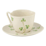 Taza Y Plato Para Té Belleek  Arpa Trébol Verde Y Blanco