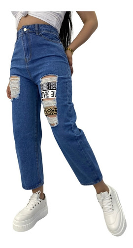 Pantalon Jeans Mom De Mujer Destroyed Rigido Hq3383