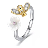 Anillo Abeja Flor Plata 925 Ajustable Circones Mujer Joyas