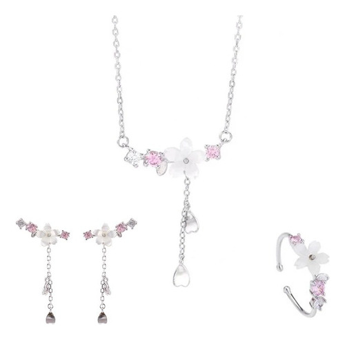 3* Conjunto Flores Rosa Plata 925 Collar Aros Pulsera Anillo