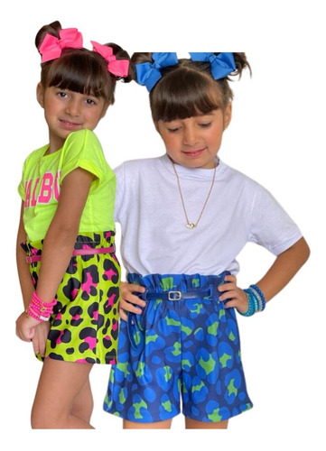 Short Feminino Clochard Infantil Cintura Alta Pink Neon Azul