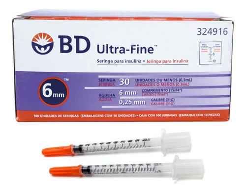 Jeringa Ultrafine Para Insulina De 0.3 Ml 31g X 6 Mm Bd Capacidad En Volumen 1 Ml