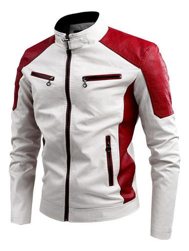 Chaqueta De Cuero Pu Con Cuello Alto Y Bloques De Color Para