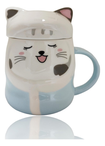 Taza De Gato Kawai Con Tapa Y Cuchara Mug Te Café Azucarera 