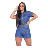 Conjunto Feminino Jeans Bolso Frontal S Lycra Cropped Short