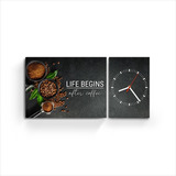 Cuadro Diptico Con Reloj Cocina Café Frases Coffee Tictime