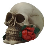 Crânio Caveira Com Rosa Na Boca Vermelha Resina Decorativo