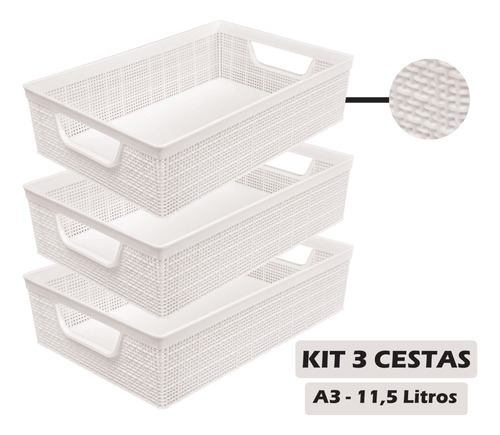 Kit 3 Cesta Organizadora A3 Multiuso 11,5l Reforçada Caixa