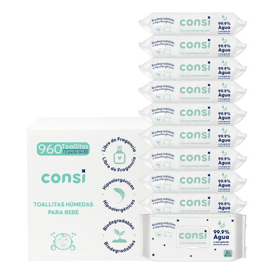 Consi Toallitas Húmedas Bebé, 99.9% Agua, Sin Químicos 960pz | MercadoLibre