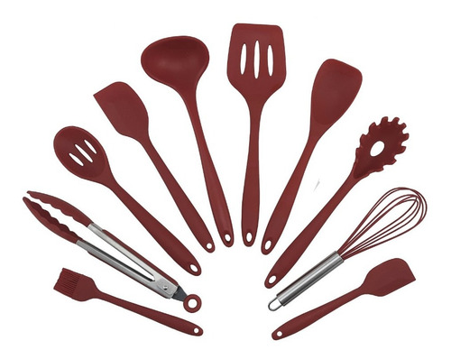 Jogo 10 Colheres De Silicone Cabo Inox Utensílios Cozinha