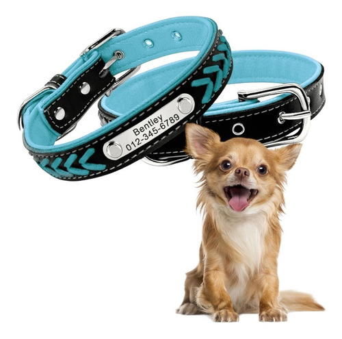 Collar De Cuero Para Perro Mascotas Con Placa Personalizable Color Azul Tejido Tamaño Del Collar Xs / Extra Chico