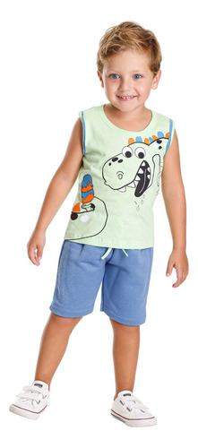 Conjunto Infantil Menino: Regata Dinossauro E Bermuda Azul