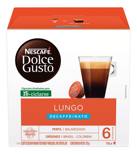 Caja X16 Cápsulas Nescafé Dolce Gusto Lungo Decaffeinato