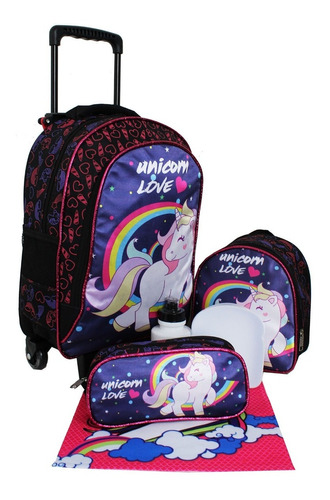 Kit Mochila Unicornio Infantil Feminina Rodinhas Aulas T3