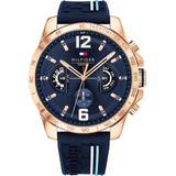 Reloj Tommy Hilfiger Silicona Caballero 1791474 100%original Correa Azul Bisel Rosé Fondo Azul