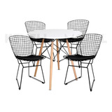 Juego Comedor Moderno Mesa + 4 Sillas Bertoia Metal Negro Color Blanco