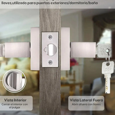Chapas Hemaso Para Puerta De Seguridad Con Manija Cuadrada Gris Recámara/baño
