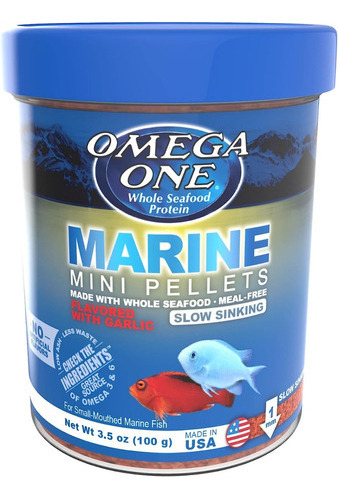 Omega One Marine Mini Pellets 100g Alimento Para Peces Marinos En Granulos Pequeños De Lento Hundimiento 1mm A Base De Salmon, Camaron Y Comida Fresca De Mar Con Ajo Omega Y Espirulina 42% Proteína