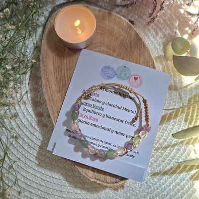 Pulsera Armonía Interior Con Amatista Cuarzo Rosa Y Verde Rosa, Verde Y Violeta 11 Cm