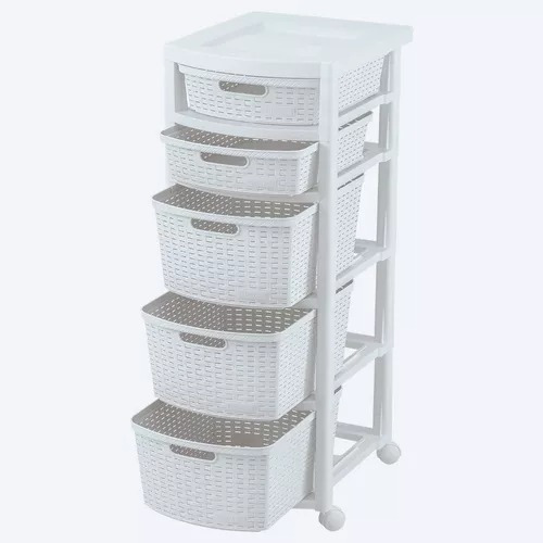 Cajonero Estilo Rattan Con 5 Gavetas Altas Con Ruedas Blanco