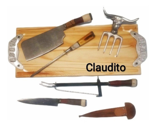 Set Parrilero Kit Asador Tabla Personalizada Hacha Garra