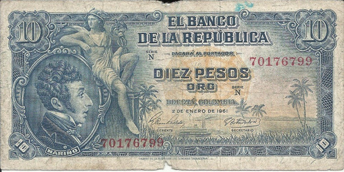 Colombia 10 Pesos Oro 2 Enero 1961