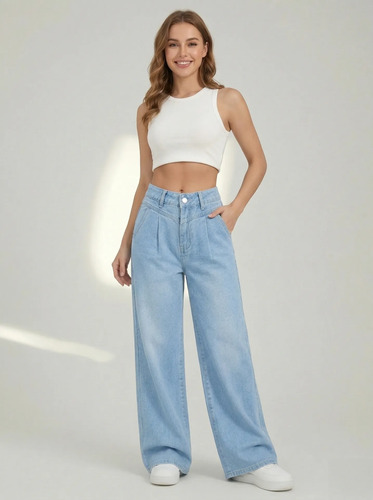 Jeans Wide Leg De Pierna Ancha Con Pinzas Y Tiro Alto 8801