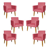 Kit 6 Poltronas Decorativas Para Sala Cadeira Pé Castanho Cor Rose Desenho Do Tecido Suede
