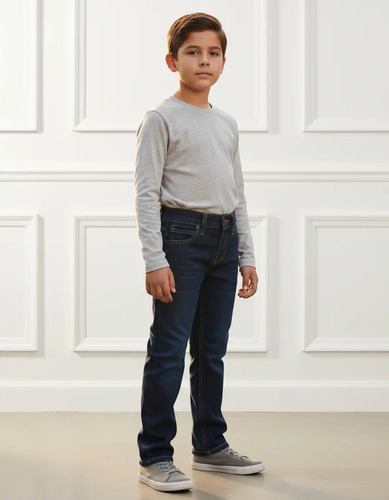 Pantalon Vaquero Para Niño Azul Marino Bolsas Bordadas Cafe