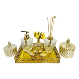 Kit Lavabo Luxo Dourado Branco 7 Peças Difusor Sabonete Pote