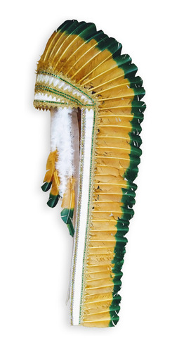 Cocar Indígena Grande De Penas Coloridas Dourado E Verde