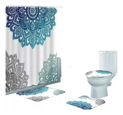 Juego De Baño Set 4 Piezas Cortina, 2 Alfombras, Tapa