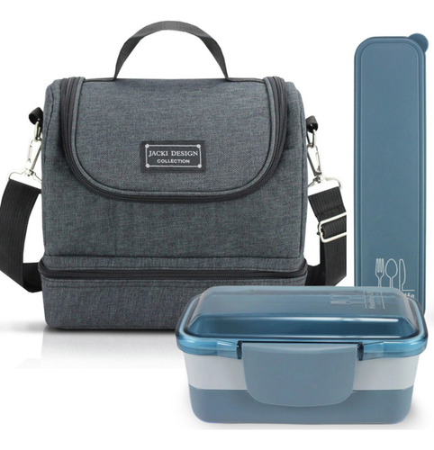 Bolsa Lancheira Térmica Concept + Marmita Porta Talher Preto Cor Azul-escuro