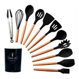 Kit Utensílios De Cozinha Preto Com Cabo Amadeirado 12und