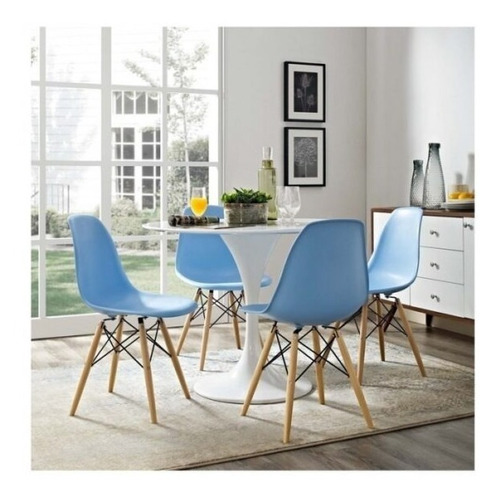 Comedor 4 Personas Mesa Tulip Blanc + 4 Sillas Eames Celeste