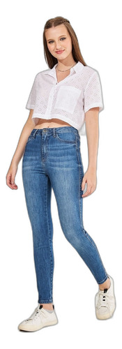 Calça Skinny Cintura Alta Em Jeans Médio