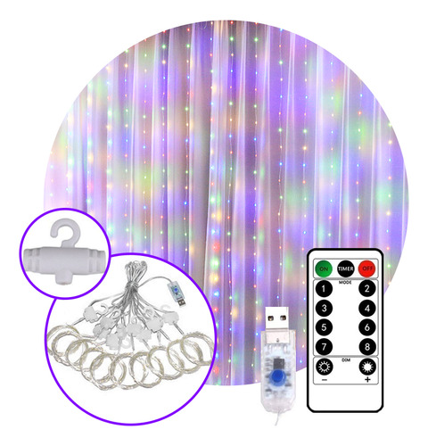 Cortina Luces Led 3x3 Multicolor Lluvia 10 Tiras Usb Navidad