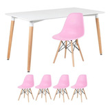 Conjunto Jantar Eames Mesa 140 X80  Cm 4 Lugares Cadeiras Cor Mesa Branco Com Cadeiras Rosa