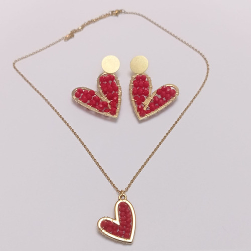 Conjunto Aros Más Collar Corazón Baño Oro 18k Hipoalergénico