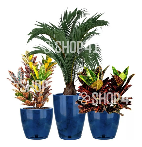 Kit 3 Vasos + Pratos Azul Premium 2 Grandes 1 Gg P/ Plantas