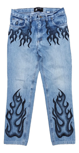 Jean Flames Vintage Rigido Pintado Intervenida 