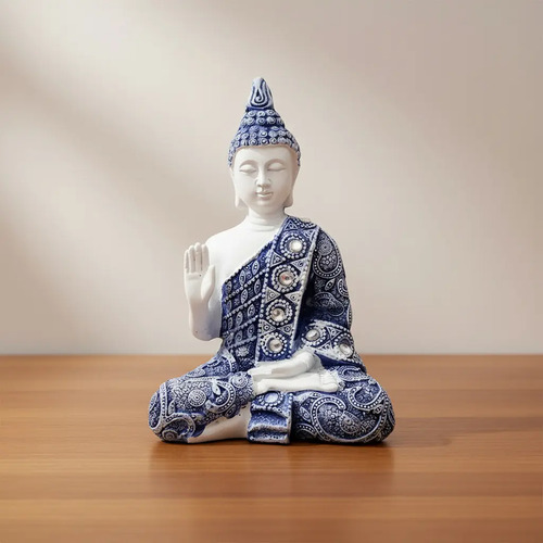 Hermosa Escultura Zen Buda Tibetano Azul Mudra Yoga
