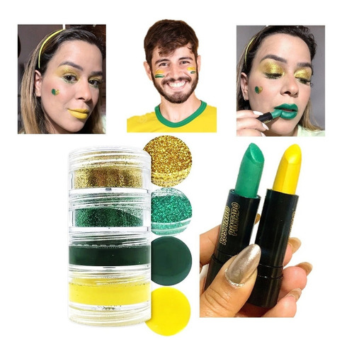 Batom Tinta E Glitter Verde Amarelo -maquiagem Copa Do Mundo