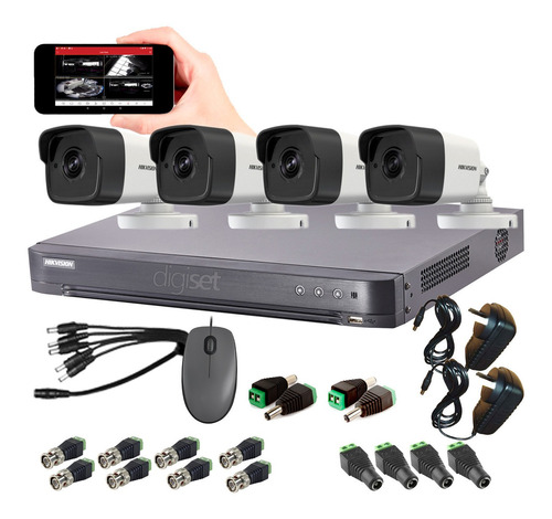 Kit Seguridad Hikvision Dvr Full Hd 4ch 4 Camaras Conectores