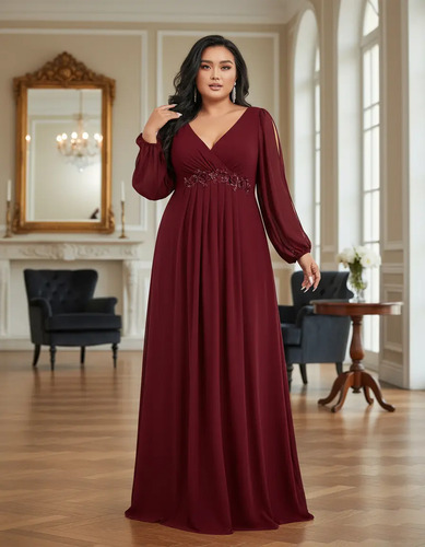 Vestido Largo Elegante Fiesta Guinda Vino Curvy Talla Extra | Meses sin interés