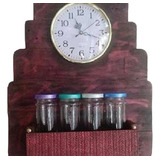 Especiero Madera Artesanal Con 4 Frascos Con Reloj