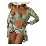 Conjunto De Pareo Playa De Kimono + Bikini Floral Para Mujer