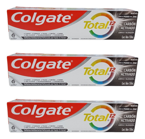 Pack X 3 Pasta Dental Colgate Total 12 Carbón Activado 150ml