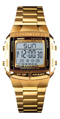 Reloj Hombre Skmei 1381 Acero Alarma Cronometro Elegante Color De La Malla Dorado Color Del Fondo Blanco